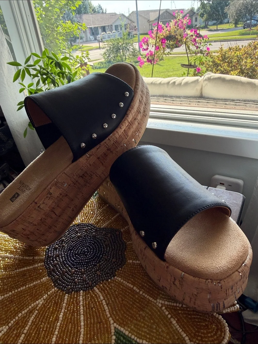 MIA Black Cork Platform Slide Sandals